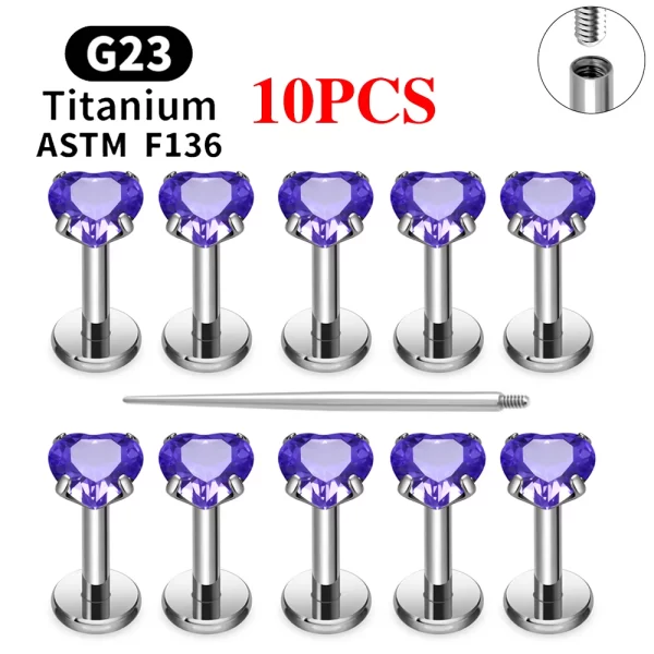 2/10PCS G23 Titanium Piercing Jewelry Ear Cartilage Tragus Heart Flat Back Stud Earrings 16G CZ Internal Thread Labret Lip Ring - Image 9