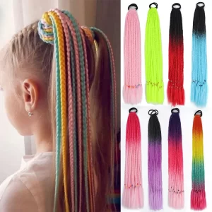 Synthetic Colored Braided Ponytail Hair Extension 60CM Elastic Rubber Band Braiding Ponytail Hair Extensions For Girls