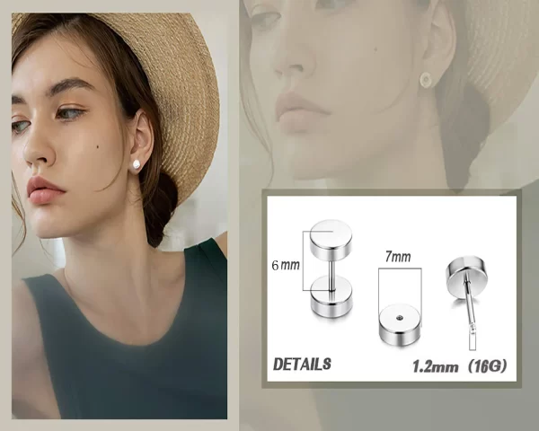 19 Pairs Stainless Steel Men Earrings Studs Ear Piercing Plugs Tunnel Screw Fake Gauges Earrings Flat Back Stud Earring Set - Image 6
