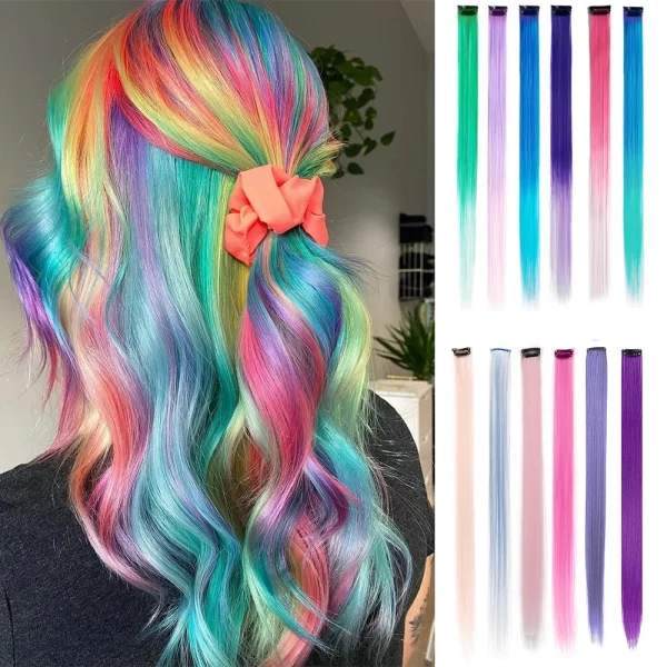 6pcs/pack Colored Party Highlights Clip in Hair Extensions for Girls 22 inches Multi-colors Straight Hair Synthetic Hairpieces - Image 2