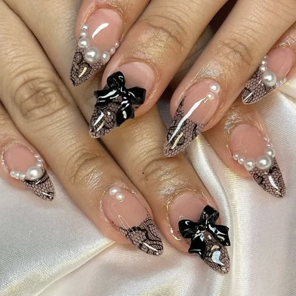 24Pcs Almond 3D White Bowknot Design French Wearable Fake Nails Pearl Removable Elegant False Nail Press On Nails Patche Tips - Image 10