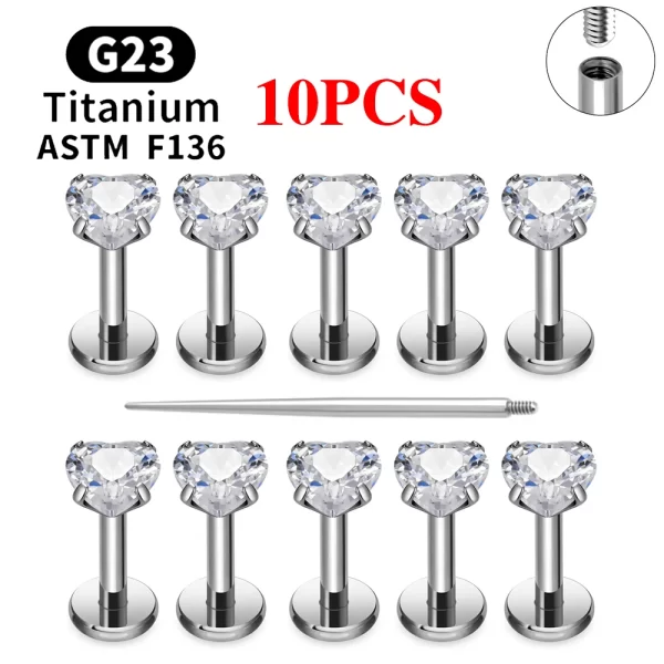 2/10PCS G23 Titanium Piercing Jewelry Ear Cartilage Tragus Heart Flat Back Stud Earrings 16G CZ Internal Thread Labret Lip Ring - Image 12