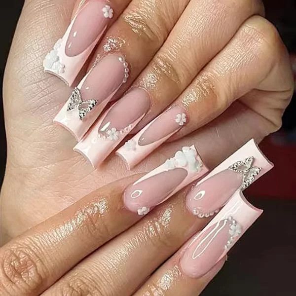 24Pcs/Set Super Long Square French Ballet Geometry AB Diamond Bow Decoration Full Coverage Wearable Fake Nail Press on Nail Art - Image 20