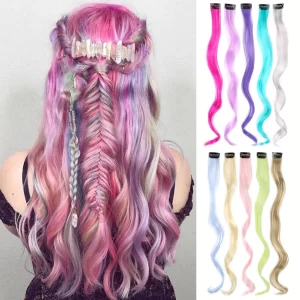 Clip in Hair Extensions,10Pcs/Pack Colored Curly Wave Hair Extensions Party Highlights Long Curly Synthetic Hairpieces for Women