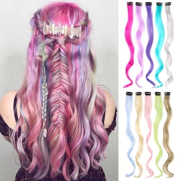 Clip in Hair Extensions,10Pcs/Pack Colored Curly Wave Hair Extensions Party Highlights Long Curly Synthetic Hairpieces for Women