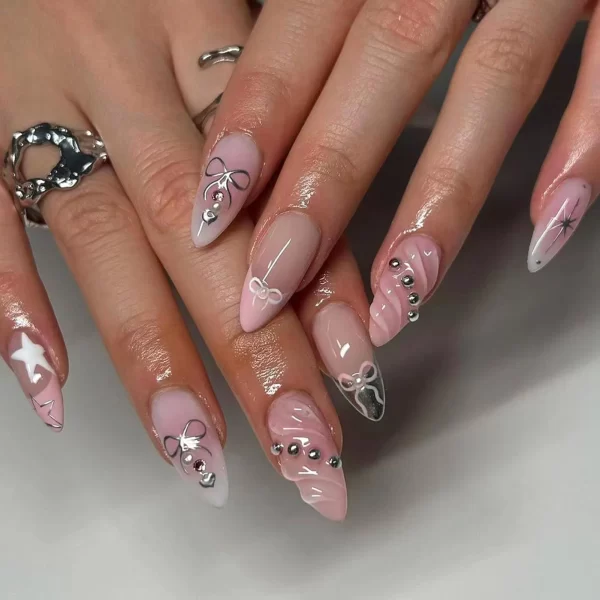 24PCS 3D Water Ripple False y2k Nails Press On Long Almond Silver Stripes Nail Art Fake Nails Charms Designs Finished Nail Tips - Image 8