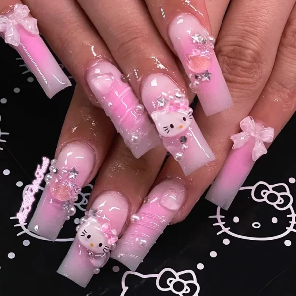 HelloKitty Press on False Nail Sanrio Accessories Y2k Kawaii Cartoon Design Fake Nails Long Detachable Manicure Girls Gift - Image 2