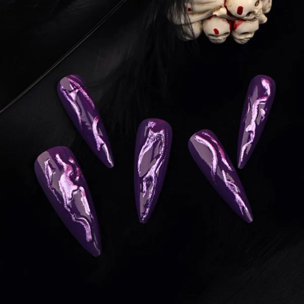 3D Purple Glitter Powder Ripple Long Pointed False Nails Halloween Detachable Finished Fake Nails Press on Nails with Glue - Image 2