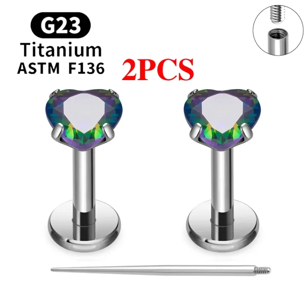 2/10PCS G23 Titanium Piercing Jewelry Ear Cartilage Tragus Heart Flat Back Stud Earrings 16G CZ Internal Thread Labret Lip Ring - Image 28