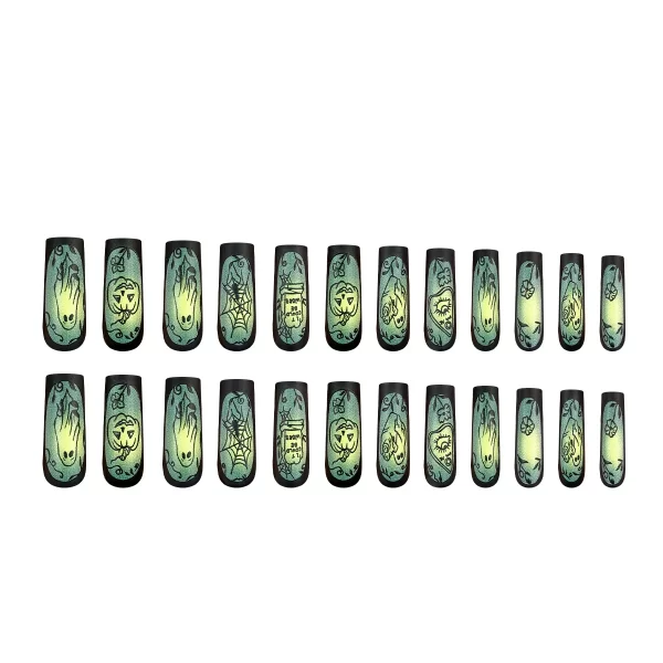 24pcs Halloween Green Frosted Fake Nails Long Coffin Pumpkin Ghost False Nails Gradient Ballet Nail With Adhesive Press On Nails - Image 2