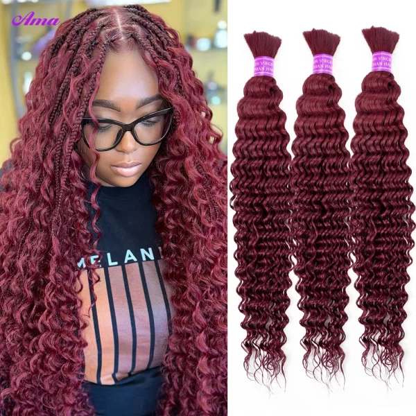 99j Burgundy Bulk Human Hair For Braiding Deep Wave Human Hair Bundles No Weft Bundles For Women Hair Extensions 100g - Image 2