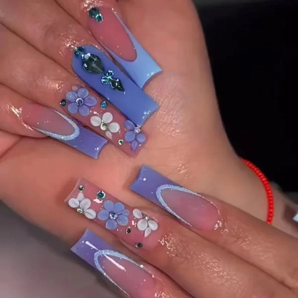 24Pcs Blue French False Nails with Star Rhinestone Design Long Ballet Fake Nails Wearable Square Head Full Cover Press on Nails - Image 5