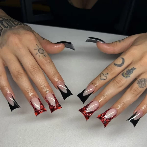 Duckbill Leopard French False Nails y2k Press On Nails Wearable Punk Fake Nails with Ball Diamond Stars Decor Removable Nail Art - Image 8