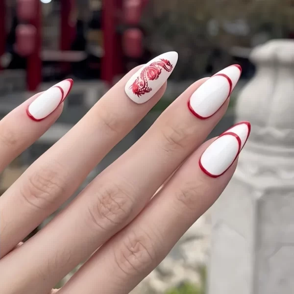 Wearable Manicure Almond Fake Nails Pointed Head The Year Of The Loong Series Press on Nails Full Cover 3D Long Fake Nails - Image 6