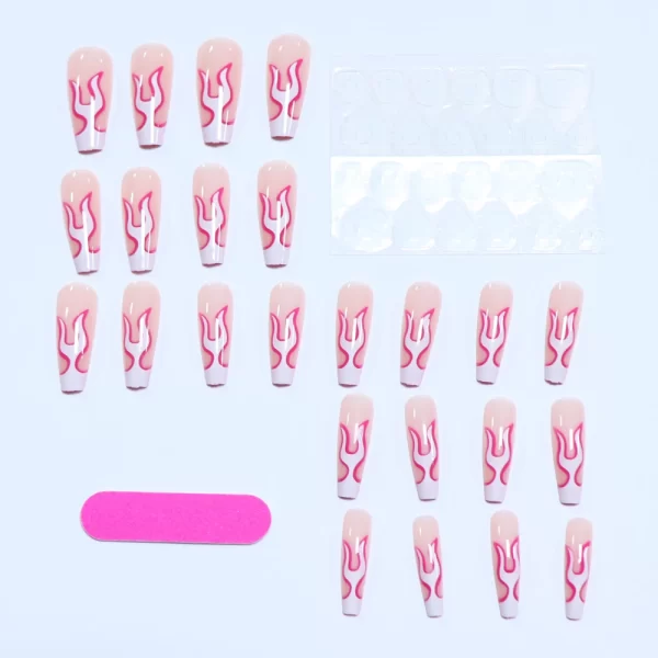 Elevate Your Style With 24pcs Long Coffin White Flame Full Cover Fake Nail Set - Medium Ballerina  Rose Flame Press On Nails Des - Image 3
