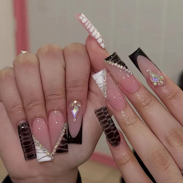 24Pcs/Set Super Long Square French Ballet Geometry AB Diamond Bow Decoration Full Coverage Wearable Fake Nail Press on Nail Art - Image 23