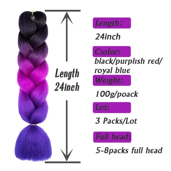 24 Inch Synthetic Ombre Jumbo Braiding Hair 3 Packs Rainbow Colorful Hair Extensions Silky Twists Crochet Hair Braids for Women - Image 3