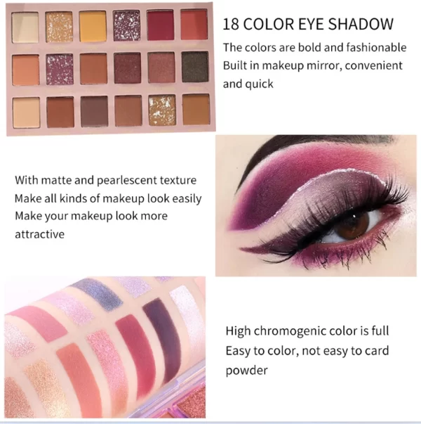 18 Colors Eye Shadow Pallete Matte Glitter Shimmer Metallic Luminous Satin Nude Natural Eyeshadow Palette Makeup for Gift Women - Image 3