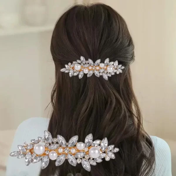 Luxury Rhinestones Faux Pearl Spring Clip Women Elegant Crystal Leaf Flower Hairpins For Bridal Wedding Headdress Accessories - Image 2