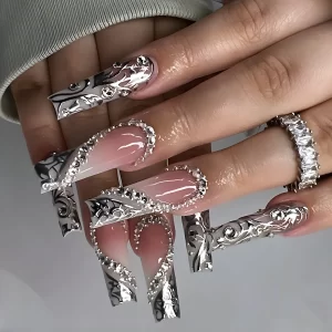 24Pcs/Set Super Long Square French Ballet Geometry AB Diamond Bow Decoration Full Coverage Wearable Fake Nail Press on Nail Art