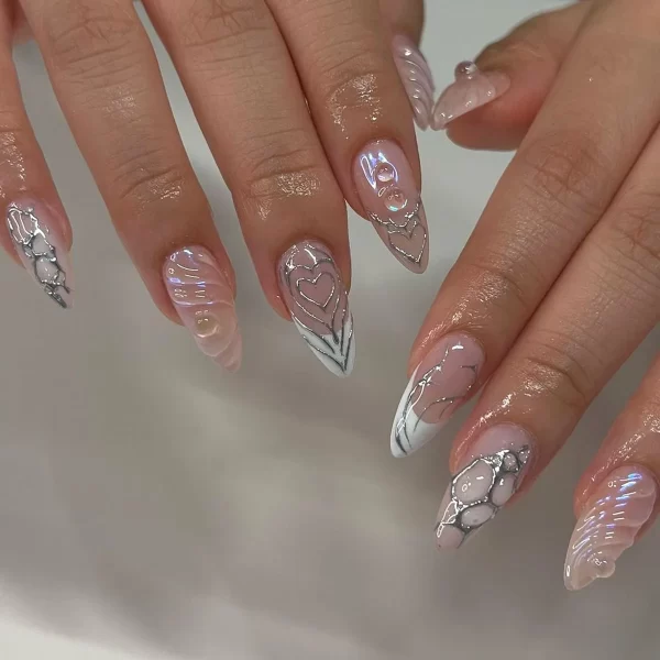 24PCS 3D Water Ripple False y2k Nails Press On Long Almond Silver Stripes Nail Art Fake Nails Charms Designs Finished Nail Tips - Image 3