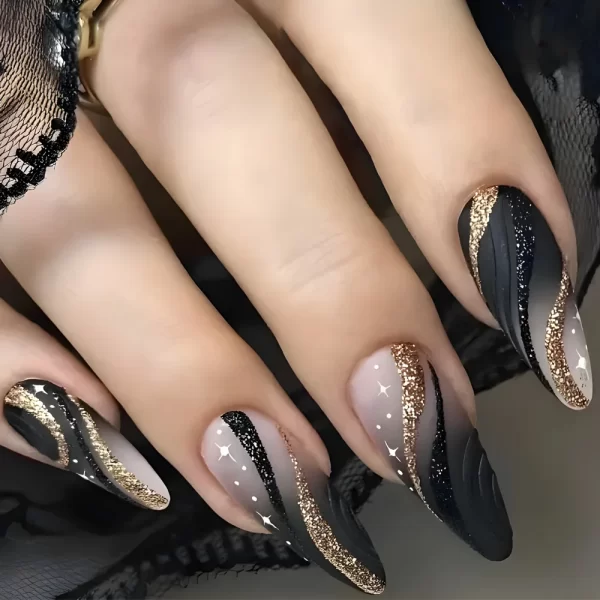 24Pcs Black Y2k Fake Nails with Diamond Halloween Long Almond False Nail Butterfly Design Wearable Oval Press on Nails Tips - Image 26