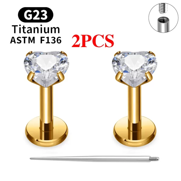 2/10PCS G23 Titanium Piercing Jewelry Ear Cartilage Tragus Heart Flat Back Stud Earrings 16G CZ Internal Thread Labret Lip Ring - Image 32