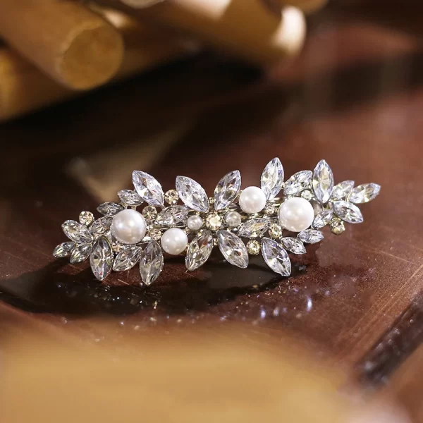 Luxury Rhinestones Faux Pearl Spring Clip Women Elegant Crystal Leaf Flower Hairpins For Bridal Wedding Headdress Accessories - Image 3