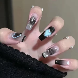 24Pcs Black Love Design Fake Nails with Rhinestone Design Long Ballet Full Cover Nail Tips Wearable French Press on False Nails