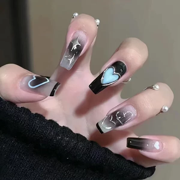 24Pcs Black Love Design Fake Nails with Rhinestone Design Long Ballet Full Cover Nail Tips Wearable French Press on False Nails