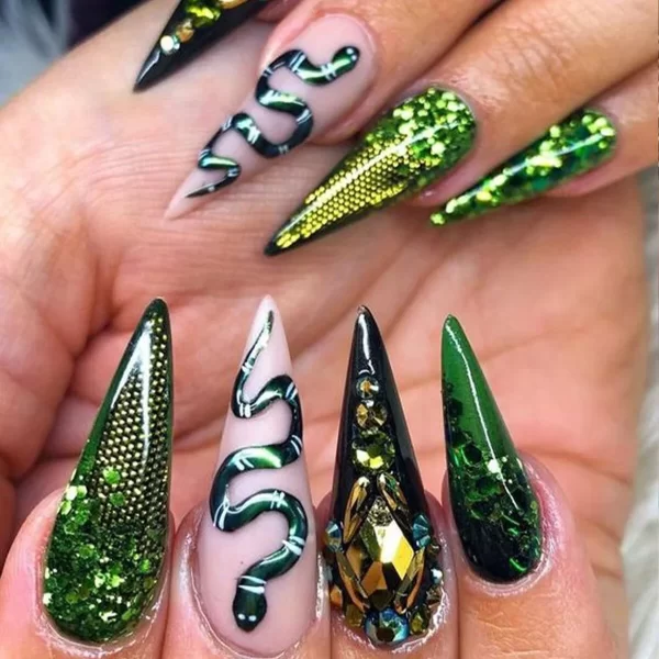24Pcs Black Y2k Fake Nails with Diamond Halloween Long Almond False Nail Butterfly Design Wearable Oval Press on Nails Tips - Image 23