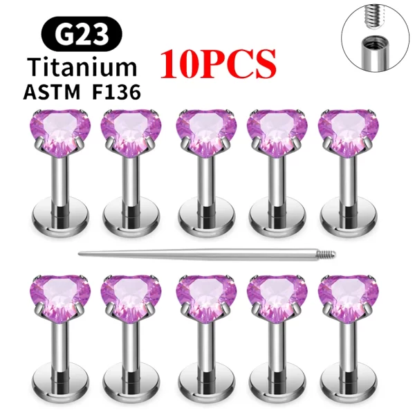 2/10PCS G23 Titanium Piercing Jewelry Ear Cartilage Tragus Heart Flat Back Stud Earrings 16G CZ Internal Thread Labret Lip Ring - Image 17