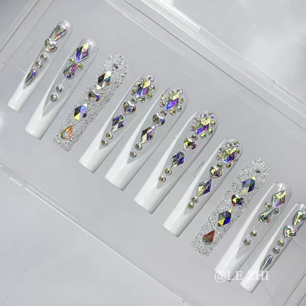 Luxury AB Full Diamond Press on Nails Art French XXL Long Coffin Sparkle Rhinestone Birthday Party Gift Customizable Nails Art - Image 3