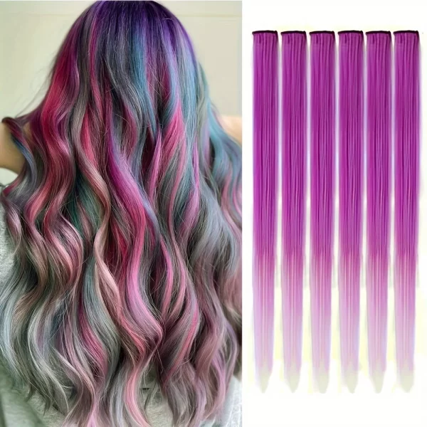 6pcs/pack Colored Party Highlights Clip in Hair Extensions for Girls 22 inches Multi-colors Straight Hair Synthetic Hairpieces - Image 30