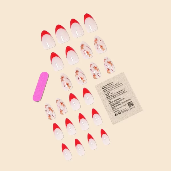 24Pcs Women Girls Medium Almond Red French Christmas Gingerbread Man Crutch Full Coverage Wearable Fake Nail Press on Nail Art - Image 5