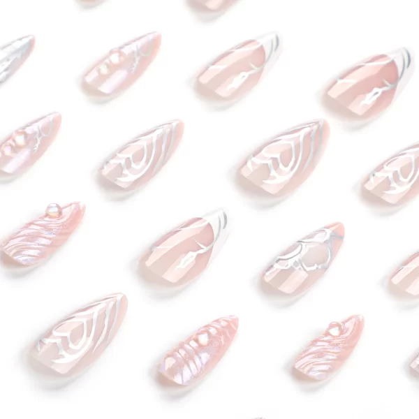 24PCS 3D Water Ripple False y2k Nails Press On Long Almond Silver Stripes Nail Art Fake Nails Charms Designs Finished Nail Tips - Image 6