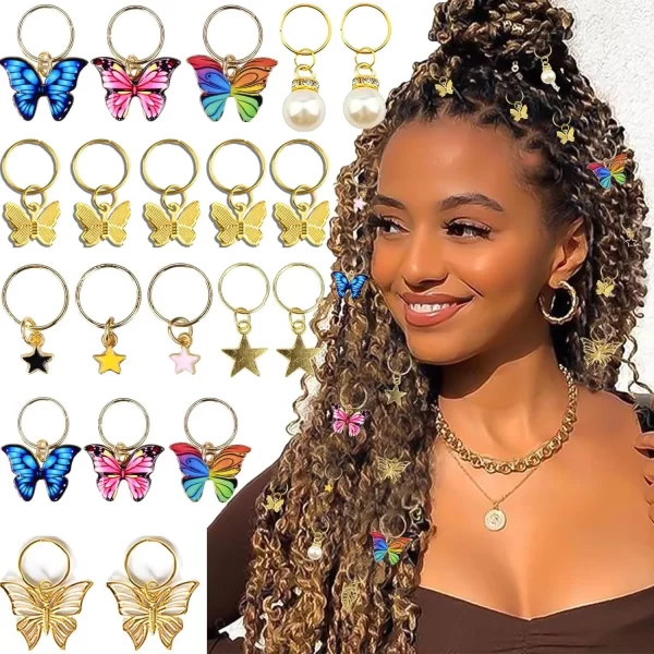 20Pcs Butterfly Braid Clips Crystal Dreadlock Hair Accessories Colorful Butterflies Pendant Charms Pearl Shiny Hair Accessories - Image 3