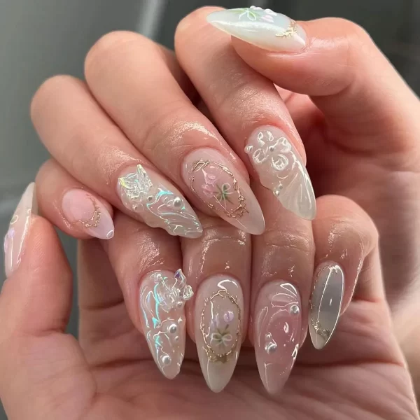 24Pcs Black Y2k Fake Nails with Diamond Halloween Long Almond False Nail Butterfly Design Wearable Oval Press on Nails Tips - Image 12