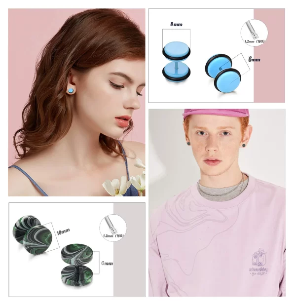 19 Pairs Stainless Steel Men Earrings Studs Ear Piercing Plugs Tunnel Screw Fake Gauges Earrings Flat Back Stud Earring Set - Image 5