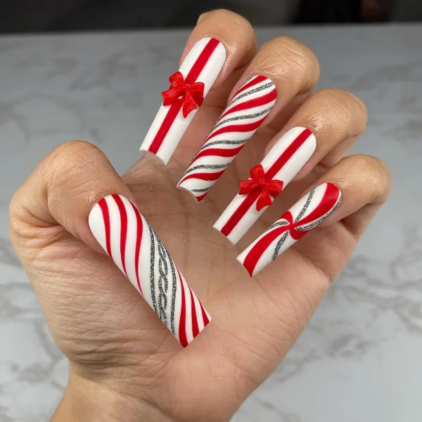 24Pcs/Set Super Long Square French Ballet Geometry AB Diamond Bow Decoration Full Coverage Wearable Fake Nail Press on Nail Art - Image 16