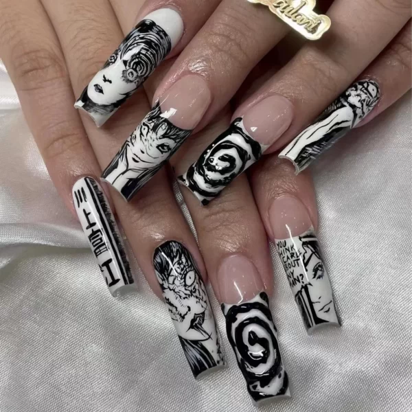 Horror Manga Gothic Style Fake Nails Black White Anime Nail Art Press on Nails Nail Accessories Popular False Nails Nail Tips - Image 2