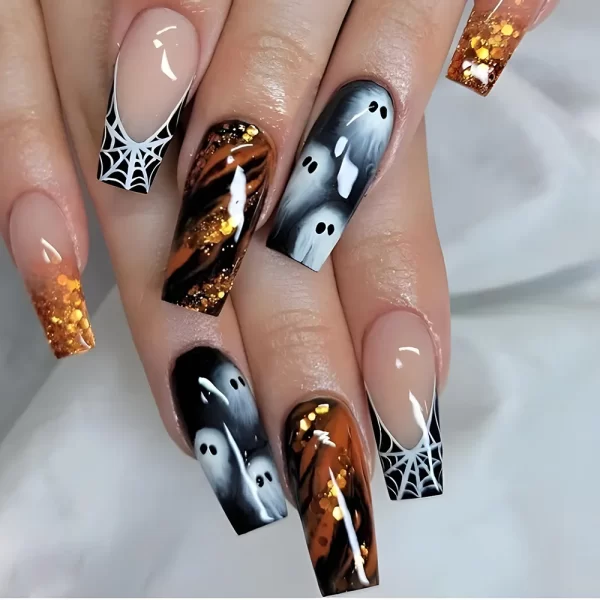 24pcs Halloween Spider Fake Nail Patch Printed French Coffin Ballet Fake Nail Wearable Full Cover Artificial Nail Tips for Girls - Image 19