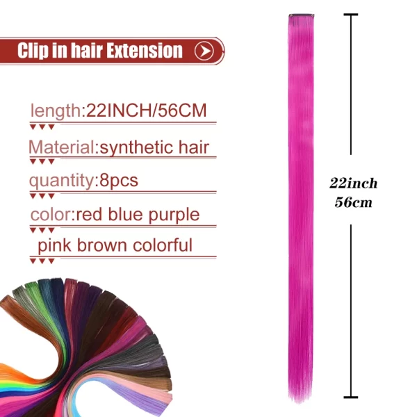 Colored Hair Extensions 8 Pcs/Pack Rainbow Hairpieces 22 inch Multi-colors Party Highlights Clip in Synthetic Hair Extensions - Image 6