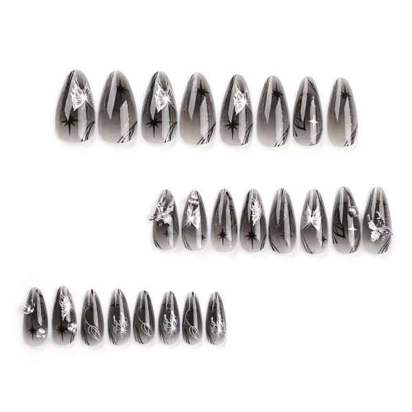 24pcs 3D Sliver Butterfly Decor False Nails Full Cover Fake Nail for Women Lady Almond Black Butterfly Press on nails Patches - Image 4