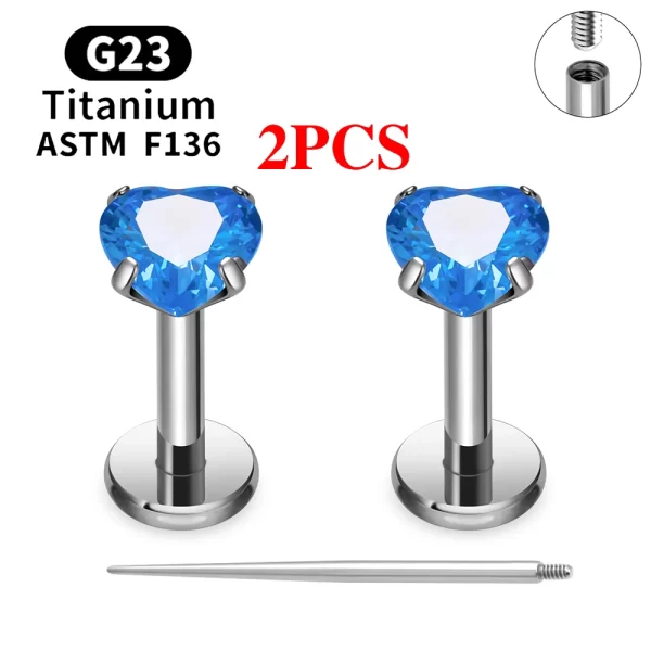 2/10PCS G23 Titanium Piercing Jewelry Ear Cartilage Tragus Heart Flat Back Stud Earrings 16G CZ Internal Thread Labret Lip Ring - Image 21