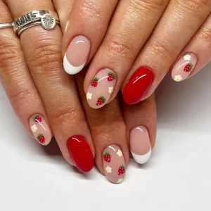24pcs Christmas False Nails Flower Strawberry Almond Fake Nail Press on Nails Tips DIY Faux Fingernails Detachable Manicure