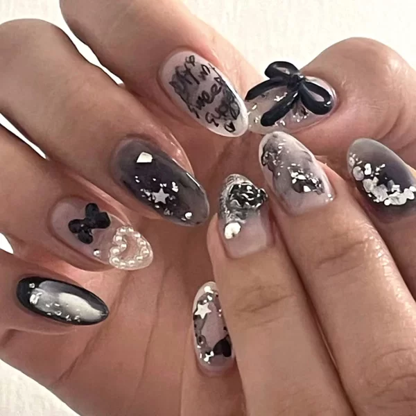 24PCS 3D Water Ripple False y2k Nails Press On Long Almond Silver Stripes Nail Art Fake Nails Charms Designs Finished Nail Tips - Image 10