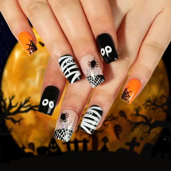 24pcs Halloween Spider Fake Nail Patch Printed French Coffin Ballet Fake Nail Wearable Full Cover Artificial Nail Tips for Girls - Image 25