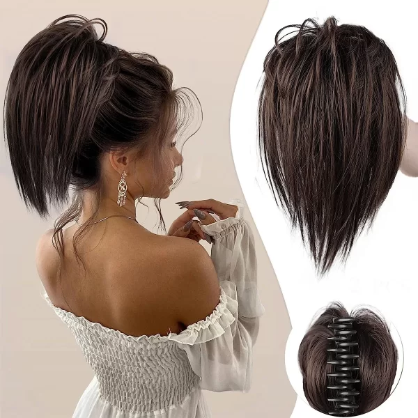 Messy Bun Hair Piece Claw Clip in Hair Buns Hair Piece for Women Straight Short High Ponytail Extension Tousled Updo Faux Hair B - Image 2