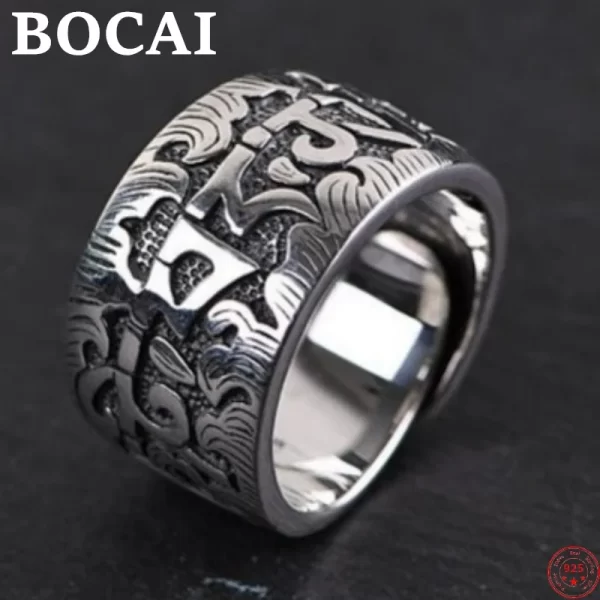 BOCAI S925 Sterling Silver Rings for Women Men New Fashion Retro Six Syllable Mantra Wide Adjustable Argentum Jewelry - Image 2
